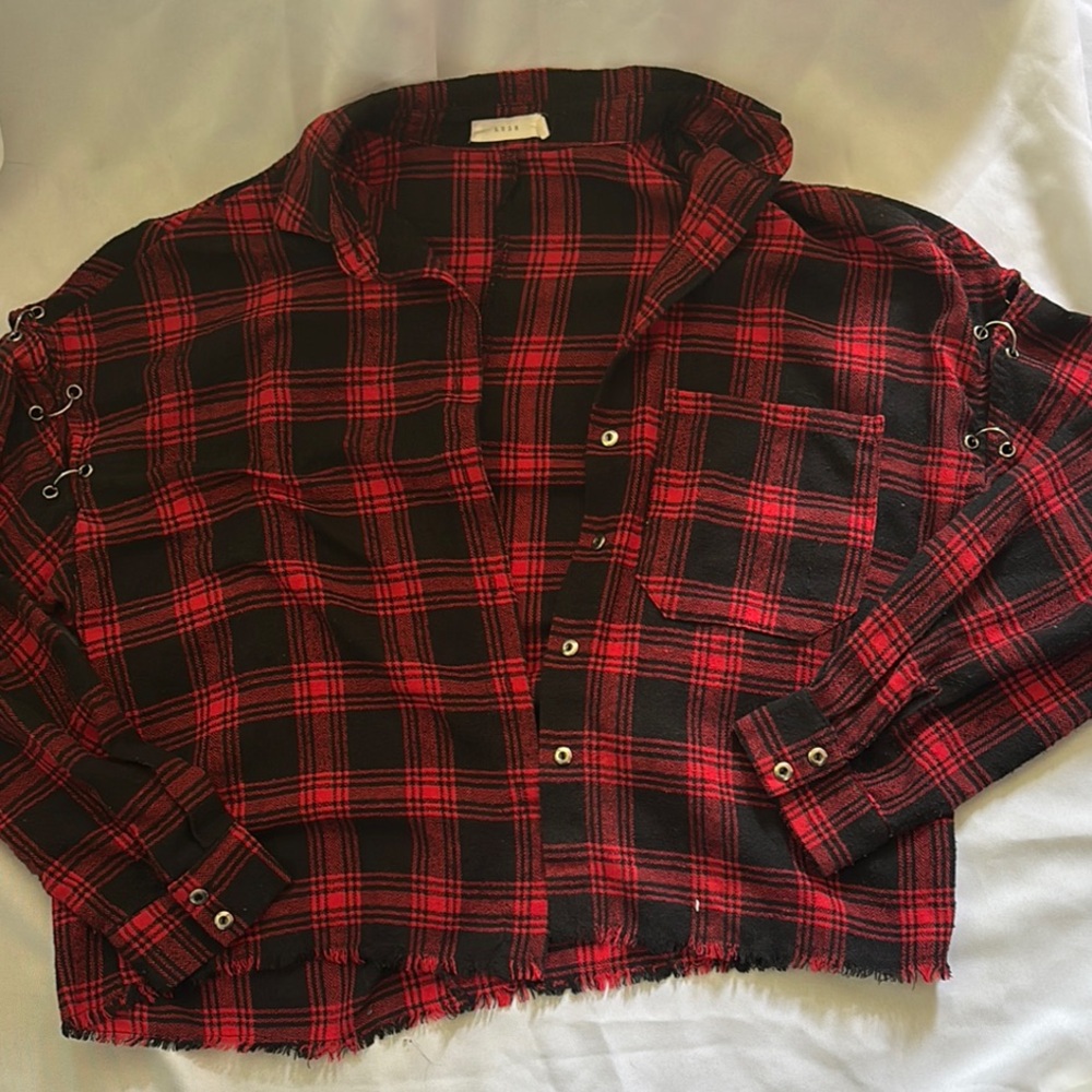 Lush Plaid Cropped Flannel with attached sleeves.